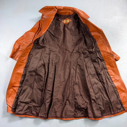 Genuine Leather Womens Brown Blazer Pea Coat Vintage Jacket 70s 80s Long Trench