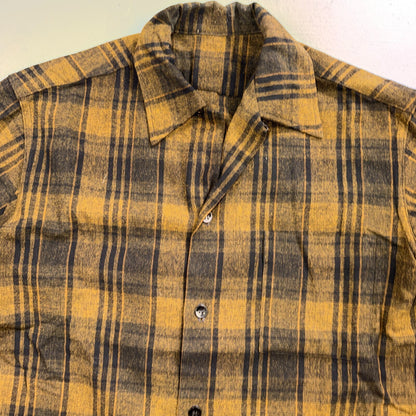 VTG 50s Brown Mustard Plaid Loop Collar Camp Shirt Rockabilly Atomic Shadow Wool