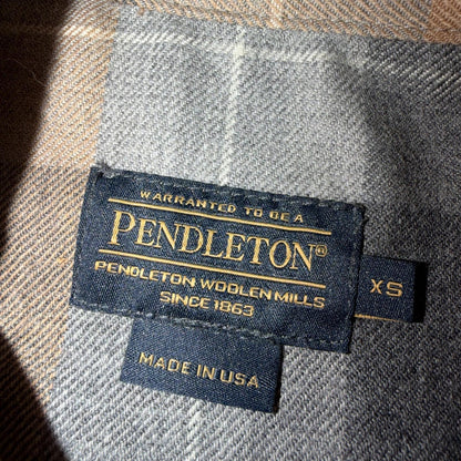 Pendleton Brown Gray Beige Plaid 100% Wool Hidden Button Shirt Women's XS USA
