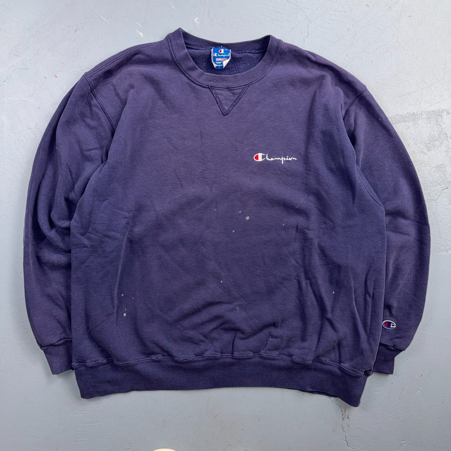 VTG Champion Crewneck Sweatshirt Navy Embroidered Logo USA 2XL Thrashed Gym