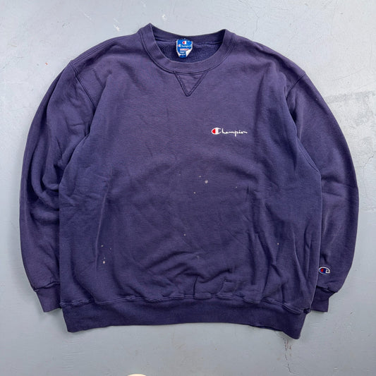 VTG Champion Crewneck Sweatshirt Navy Embroidered Logo USA 2XL Thrashed Gym