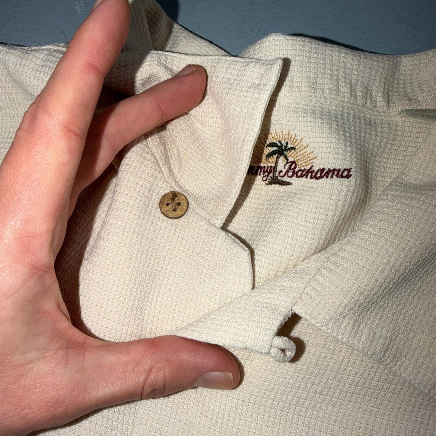 Tommy Bahama VTG Hawaiian Loop Collar Basic Ivory Silk Camp Shirt XL
