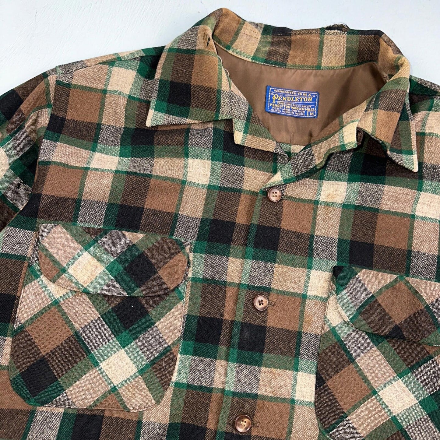 Pendleton 1950s Loop Collar Board Shirt Wool Plaid Flannel Shirt Brown Green VTG