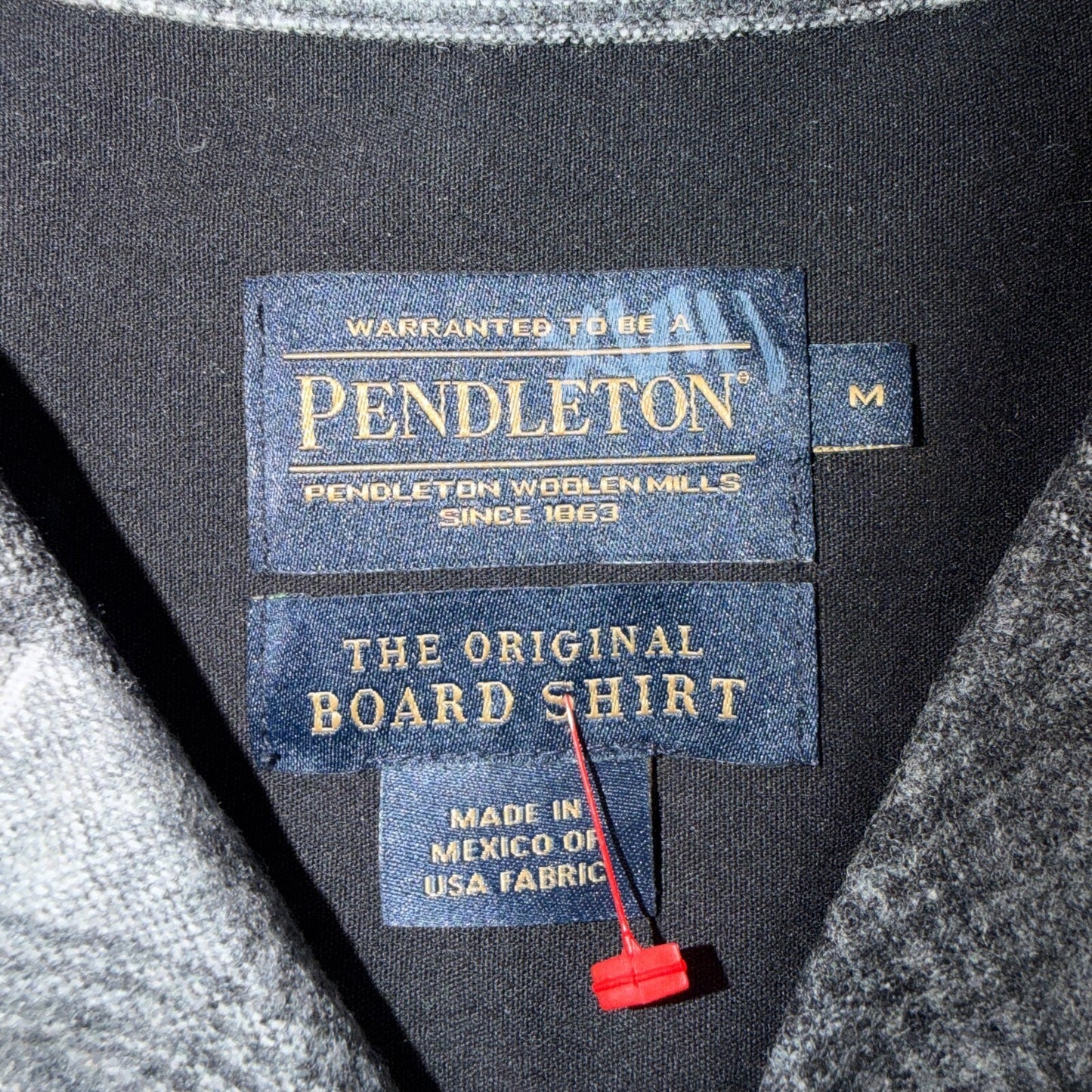 Pendleton Board Shirt Gray Black Plaid Wool Flannel USA Fabric Loop Collar M