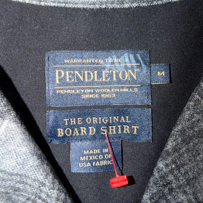 Pendleton Board Shirt Gray Black Plaid Wool Flannel USA Fabric Loop Collar M