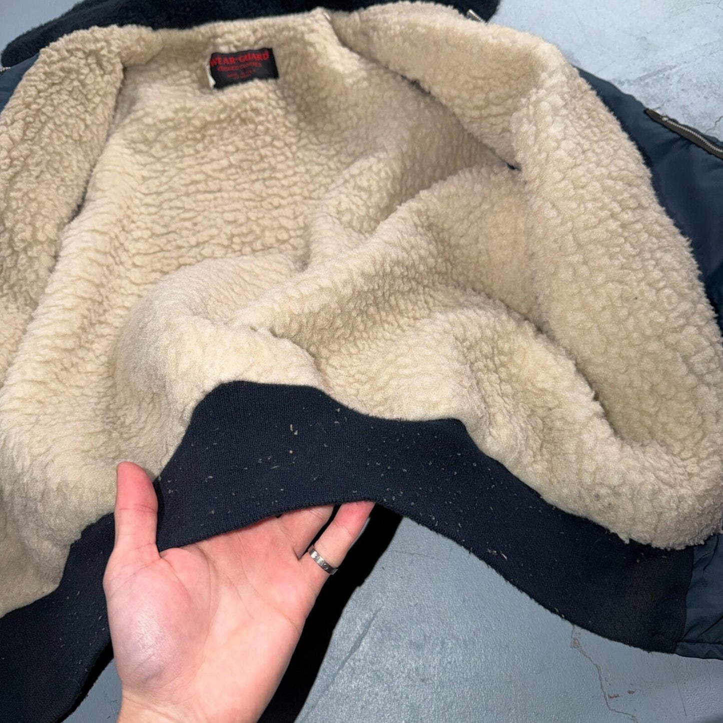 Vintage Wear-Guard Jacket Mens M Blue Bomber Faux Fur Collar Sherpa USA 80s