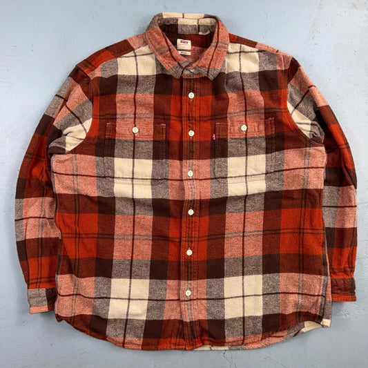 Levis Workwear Plaid Flannel Button Down Shirt Large Clay Red Beige Relaxed