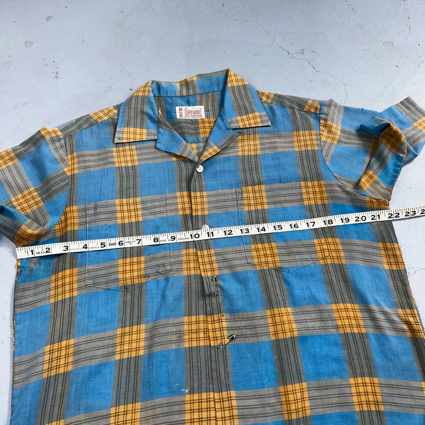 VTG 1960s Penneys Towncraft Blue Camp Loop Collar Shirt Rockabilly Button Plaid