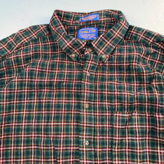 Pendleton Shirt Mens XL VTG Green Red Plaid Sir 100% Wool USA Fabrics VTG