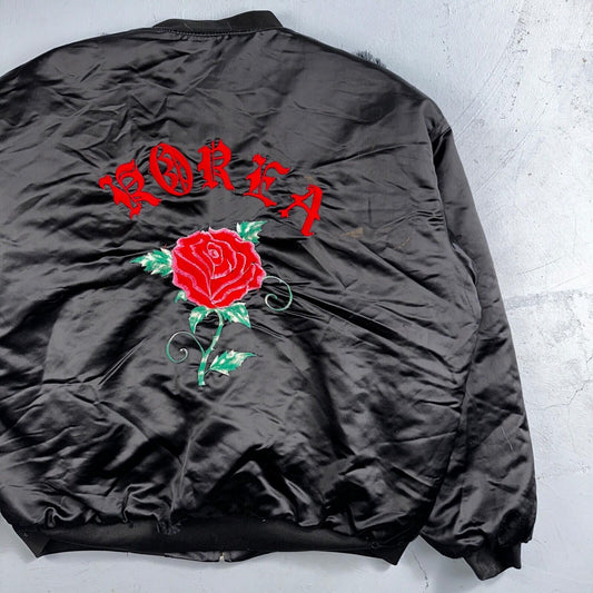 Vintage Satin Korea Rose Band Jacket Size XL Made In USA Souvenir Bomber