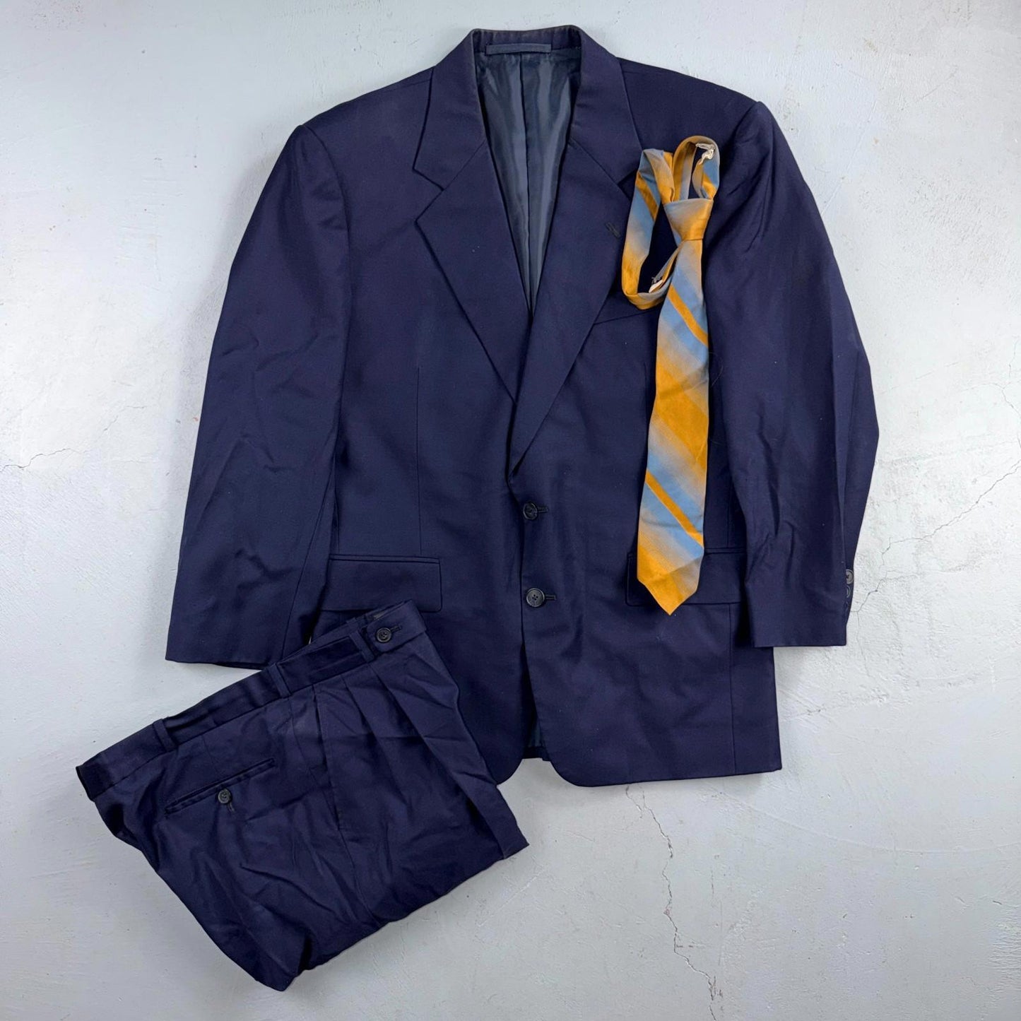 1990s Custom VTG Mens 2 PC Suit 40 Jacket Coat Pants Navy Blue Wool Rockabilly