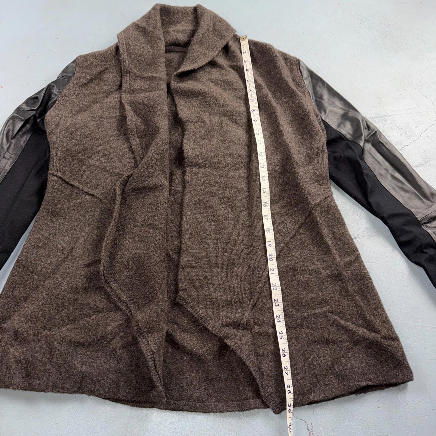 Eileen Fisher Jacket Womens Small Brown Wool Leather Sleeve Open Front Blazer