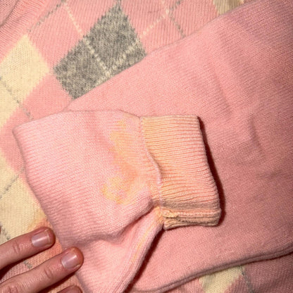 Vintage Scotland 100% Lambswool Sweater Knit Men’s Large Pink Argyle Stained