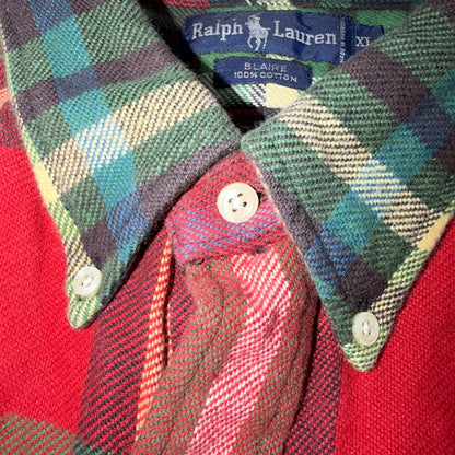 Ralph Lauren Blaire Red Green Plaid Flannel Button Down Shirt Mens XL Cotton 90s