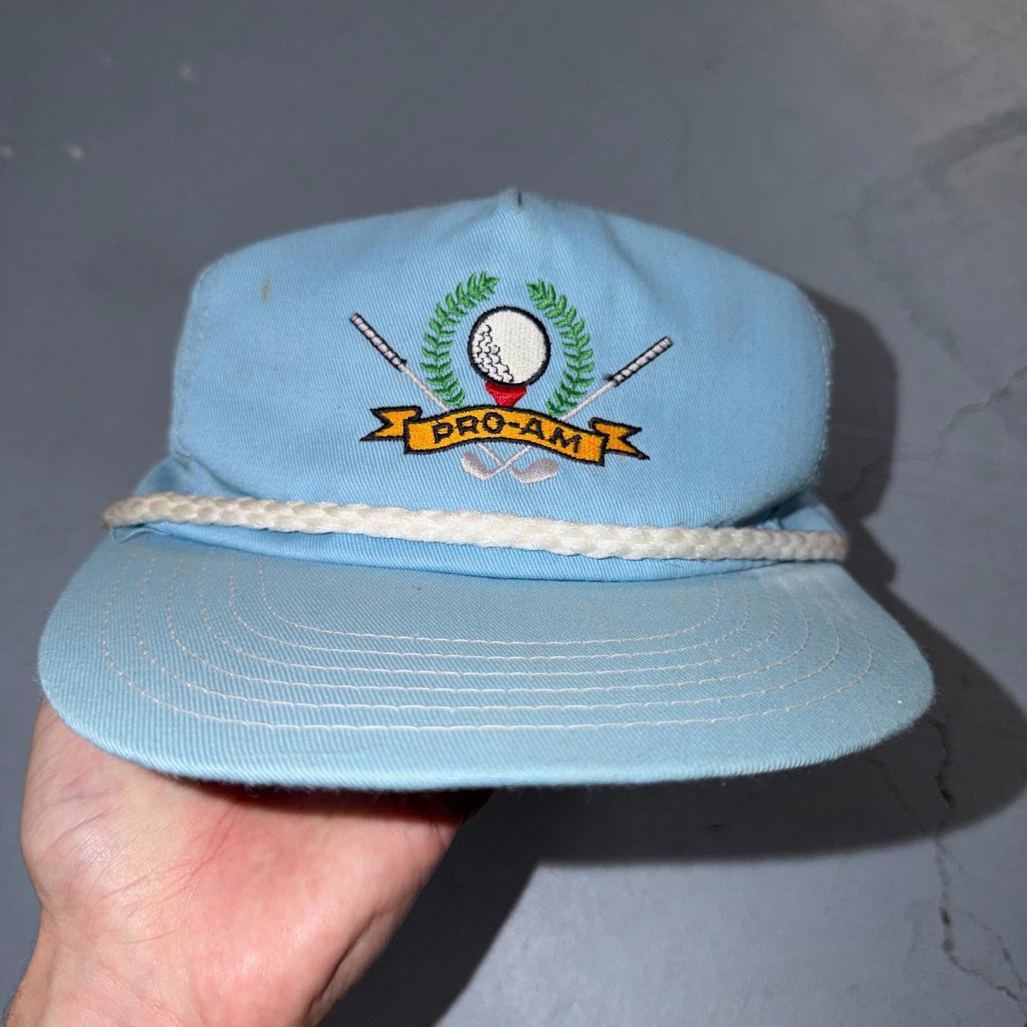 PRO AM Golf Clubs VTG Hat Baseball Cap Snapback Baby Blue USA Golfing Fun Sports