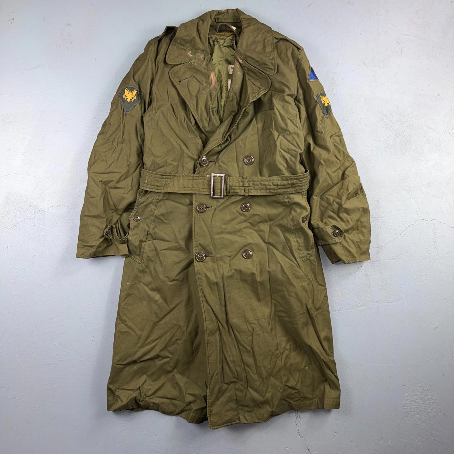 1950s Korean War US Military Wool Lined Overcoat Belted Trench Coat Small VTG