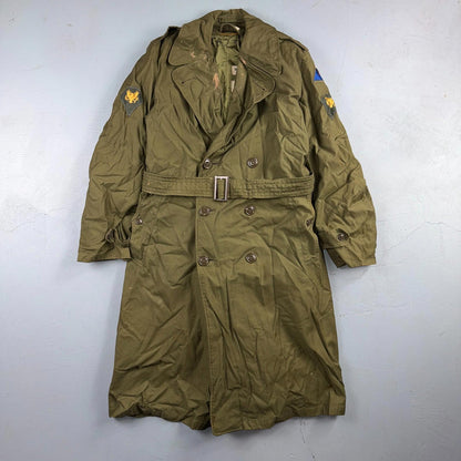 1950s Korean War US Military Wool Lined Overcoat Belted Trench Coat Small VTG