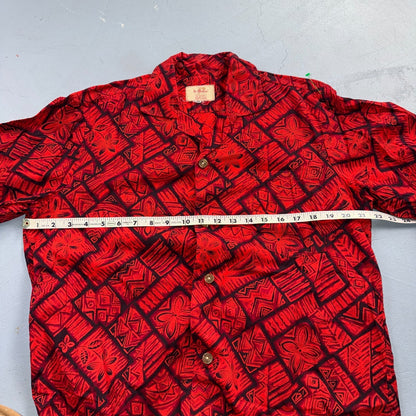 VTG 60s Ui-Maikai Hawaiian Aloha Shirt Red Black Tiki Floral Made In Hawaii M