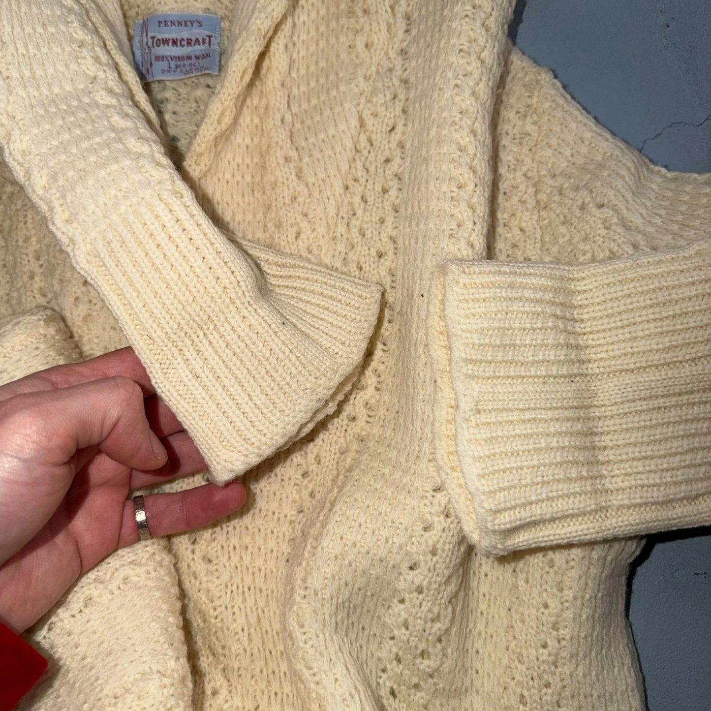 Penneys 1950s Wool Sweater Cream Shawl Collar Heritage Fisherman Knit Rockabilly