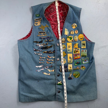 VTG 70s Denim Biker Vest Pins Patches Rare Paisley Hippie Era 1970s Military