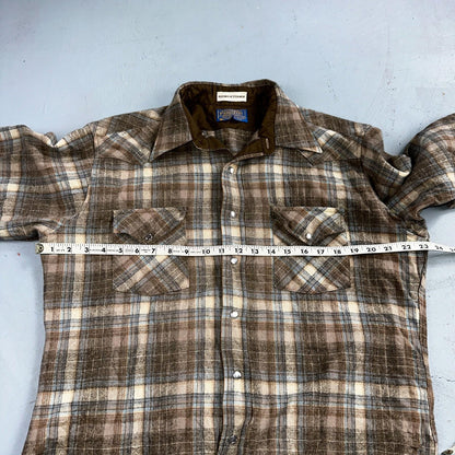 Pendleton VTG High Grade Western Wear Pearl Snap Wool Plaid Shirt Sz L Plaid 70s