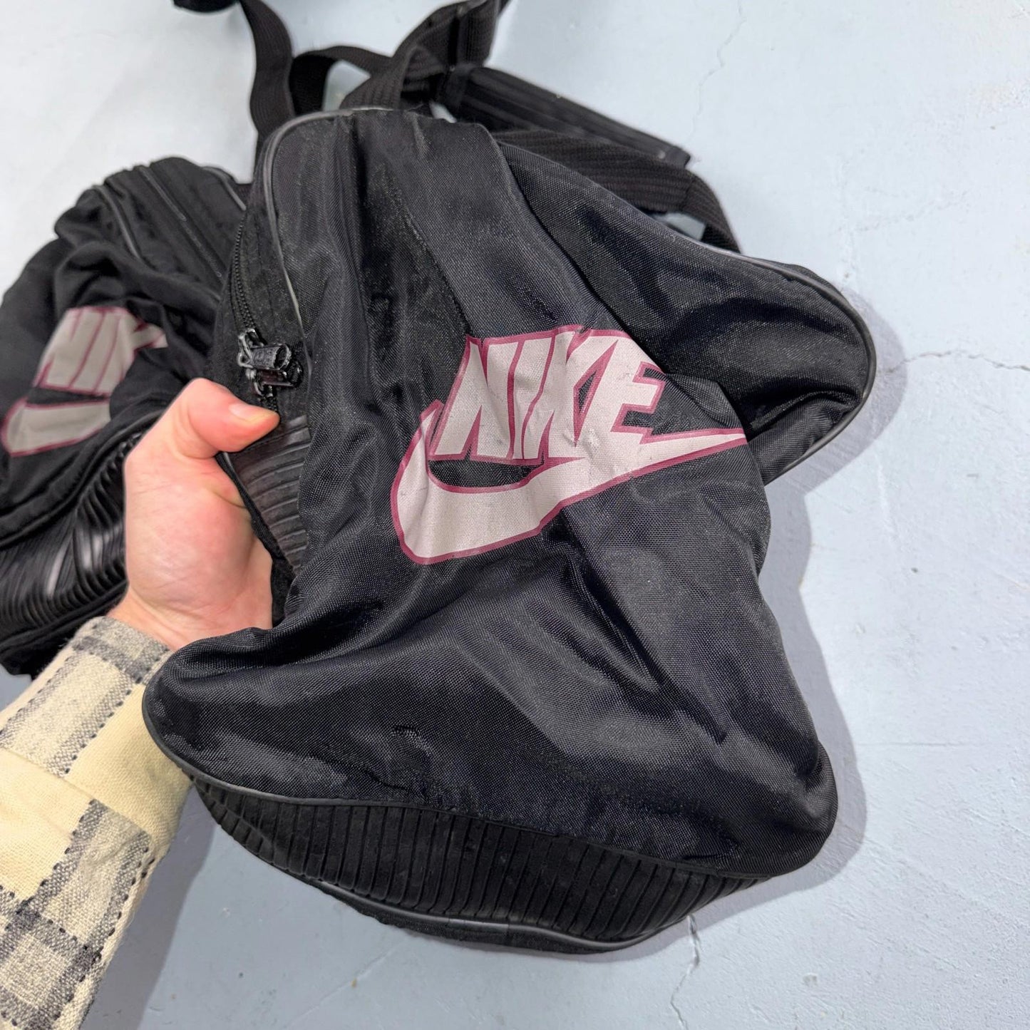Vintage Nike Duffle Gym Bag Black Red Check Swoosh White Tag Basketball Large