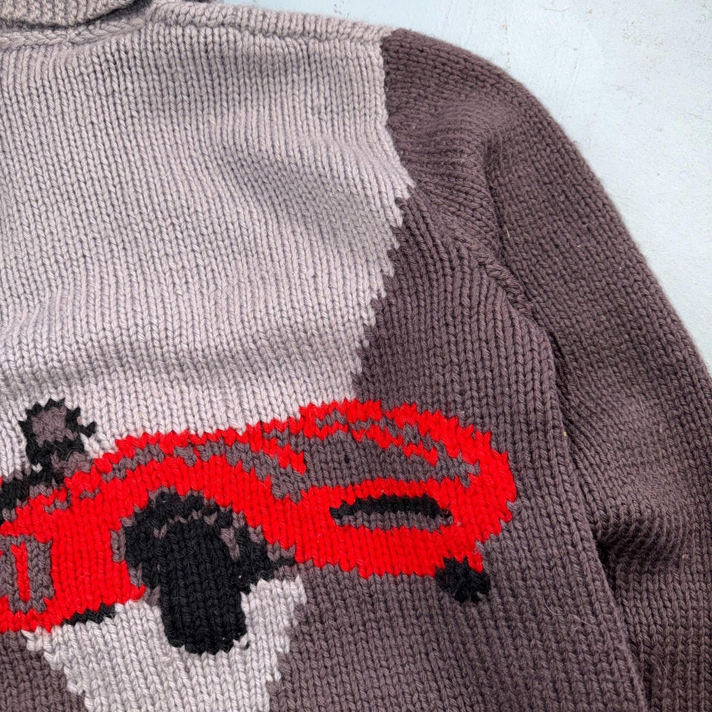 VTG 1950s Hand Knit Wool Cowichan Cardigan Sweater Jacket Race Cars Medium RARE
