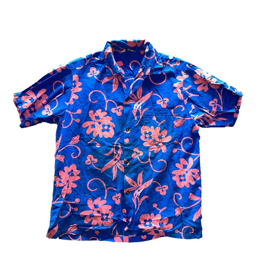 Vintage 50s Hawaiian Aloha Print Shirt Rockabilly Honolulu 60s Button USA Pink