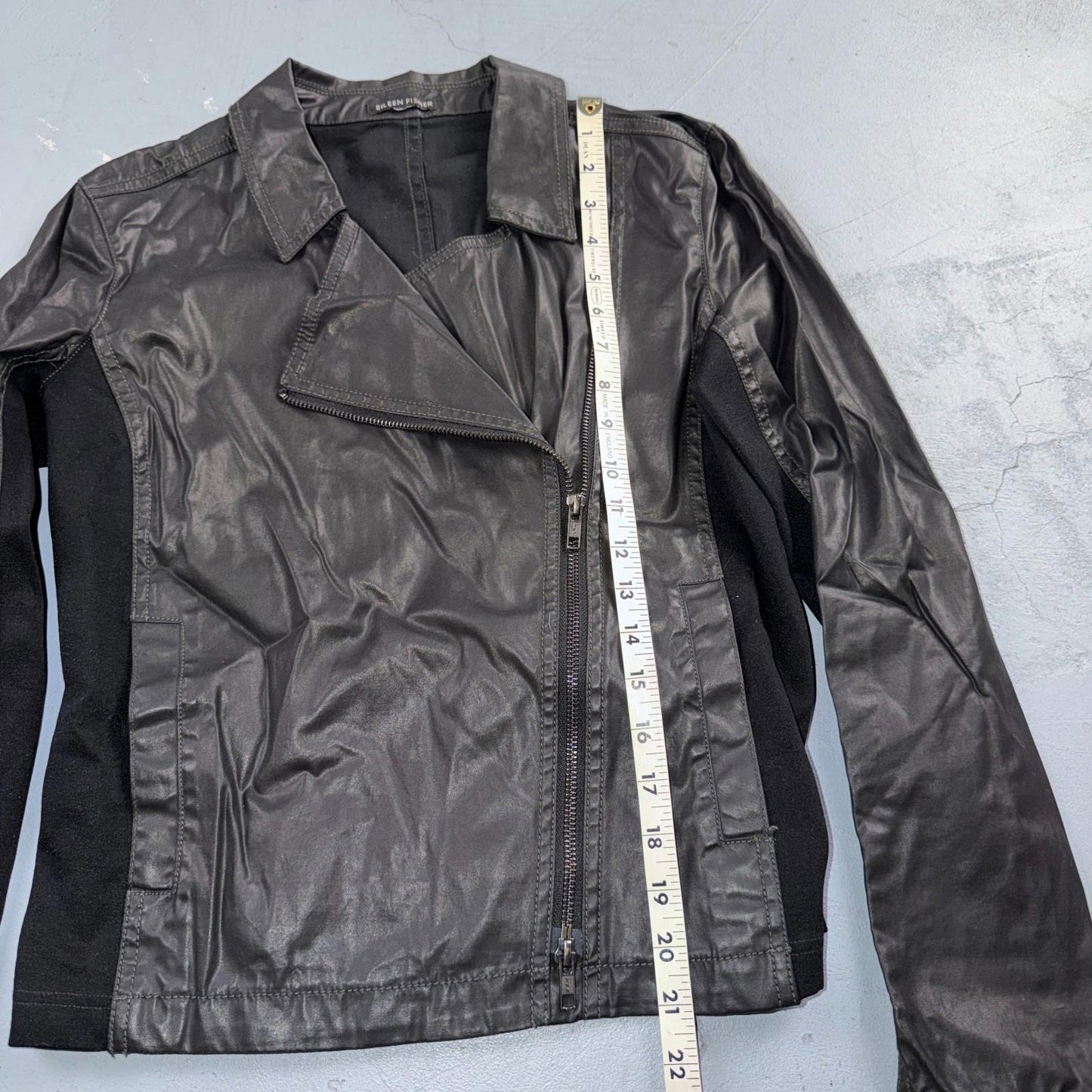 Eileen Fisher Jacket Womens XS Black Asymmetric Moto Zip Coat Cotton Blend