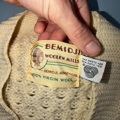 Bemidji VTG Woolen Mills Cream Cable Knit Cardigan Sweater Fisherman Boho 1970s