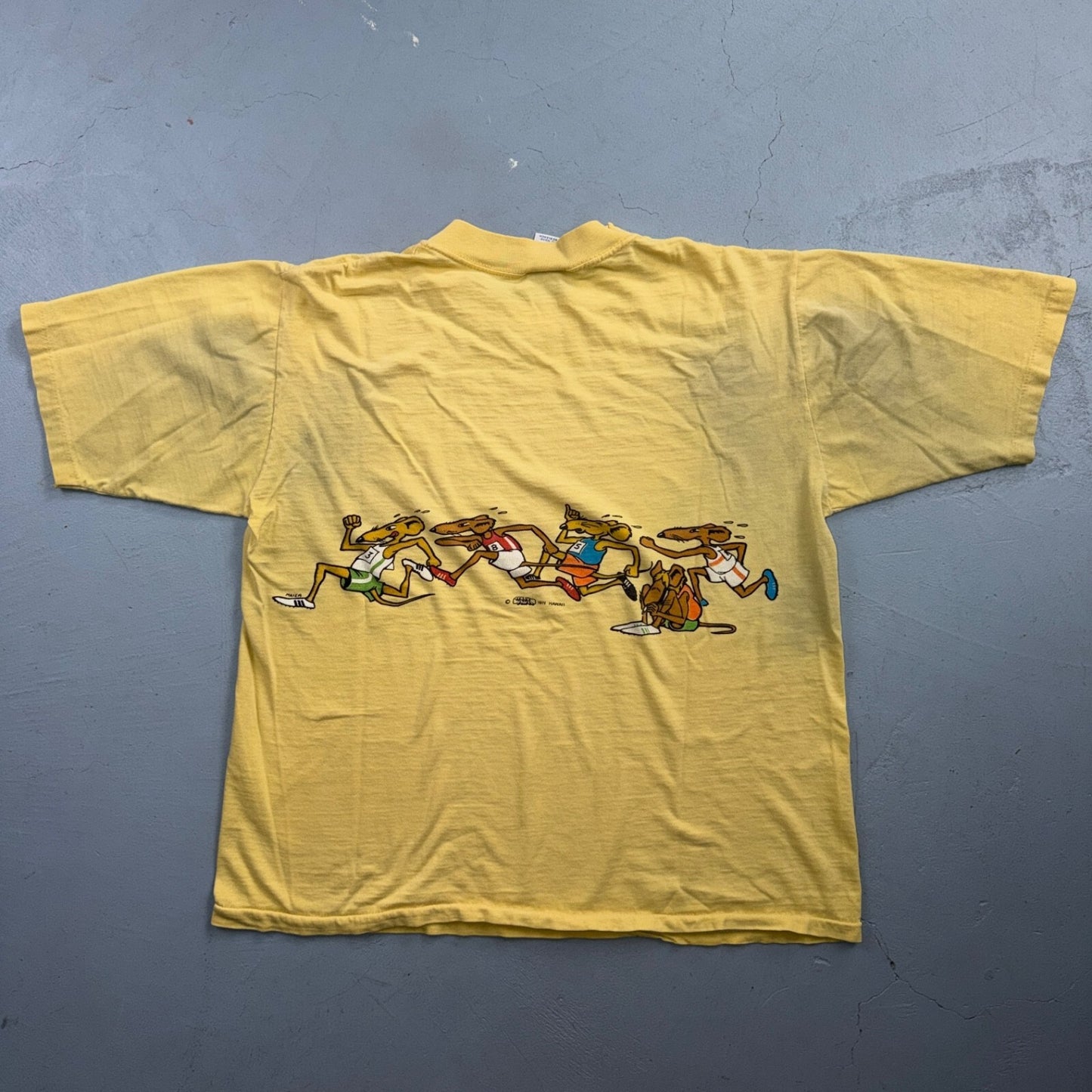 Vintage Rare 70s 1971 Crazy Shirt Hawaii Rat Race Yellow T-Shirt Large Stains