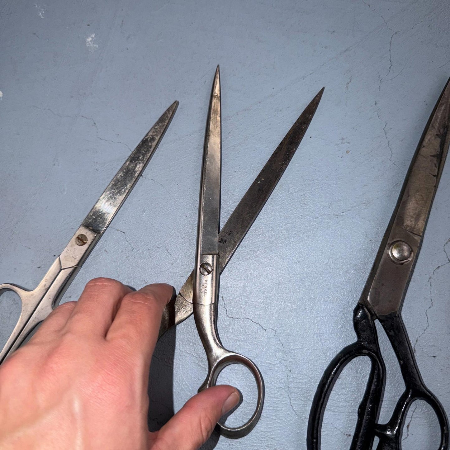 4 Pairs of Used Vintage Scissors Silver Handle Henkel Italy Steel Rare 60s