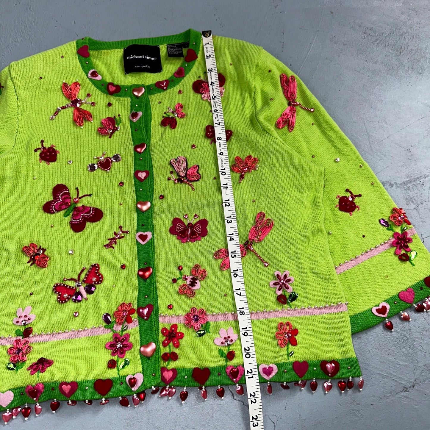 Michael Simon VTG 2000 Dragonfly Hearts Cardigan Sweater Green Valentines Day