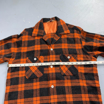 VTG 50s Fruit of Loom Shirt Orange Plaid Wool Button Loop Collar Rockabilly 1950