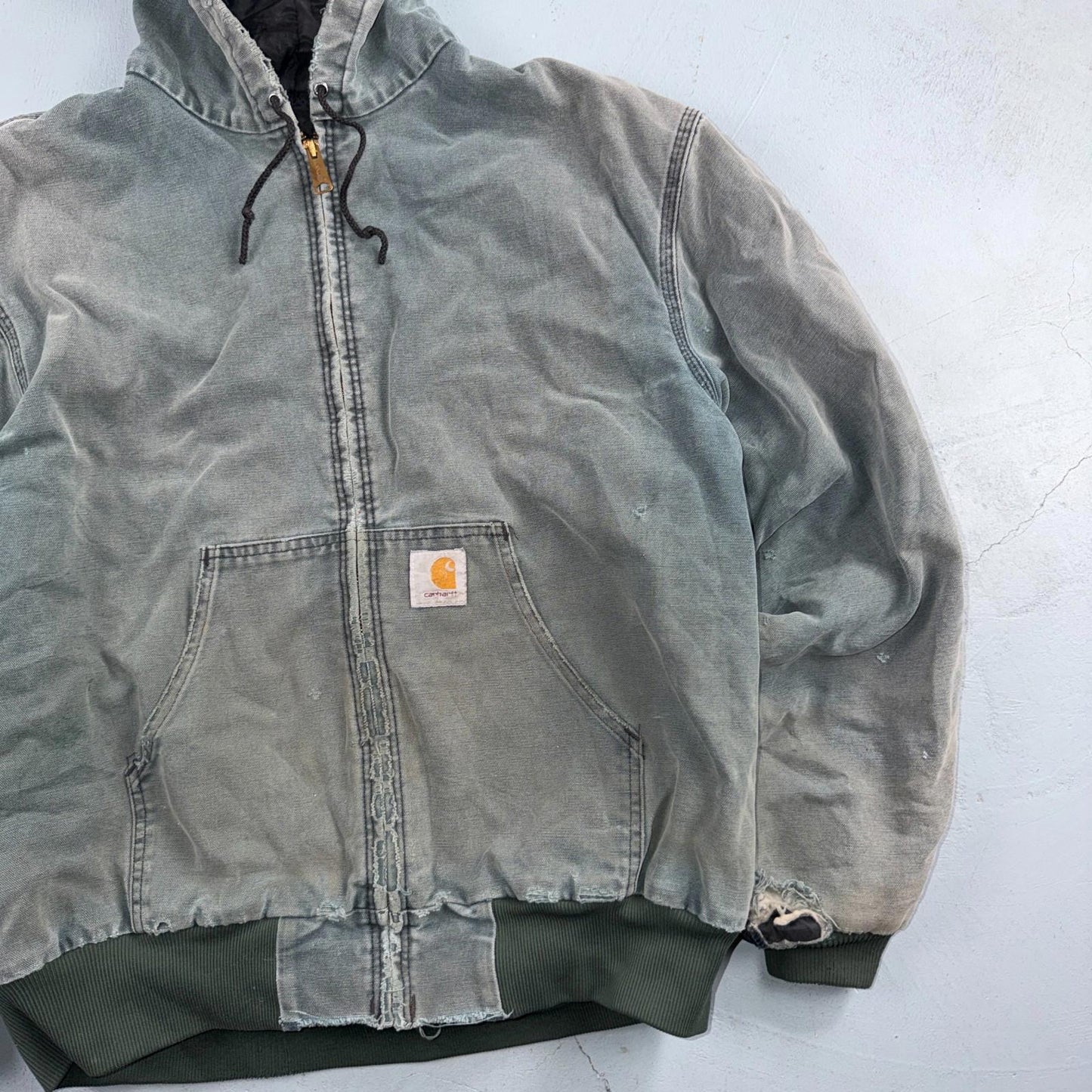 Vintage Carhartt Olive Green Hooded Jacket Bomber Coat Thrashed Faded 90s Y2K
