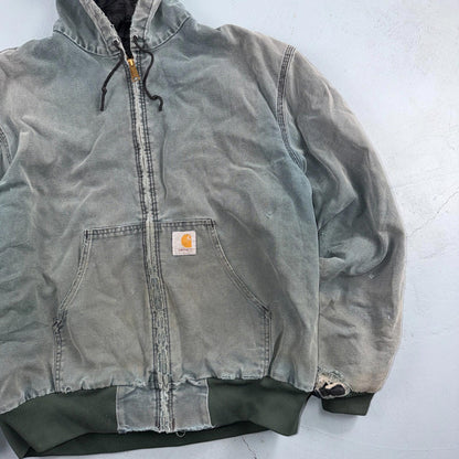 Vintage Carhartt Olive Green Hooded Jacket Bomber Coat Thrashed Faded 90s Y2K