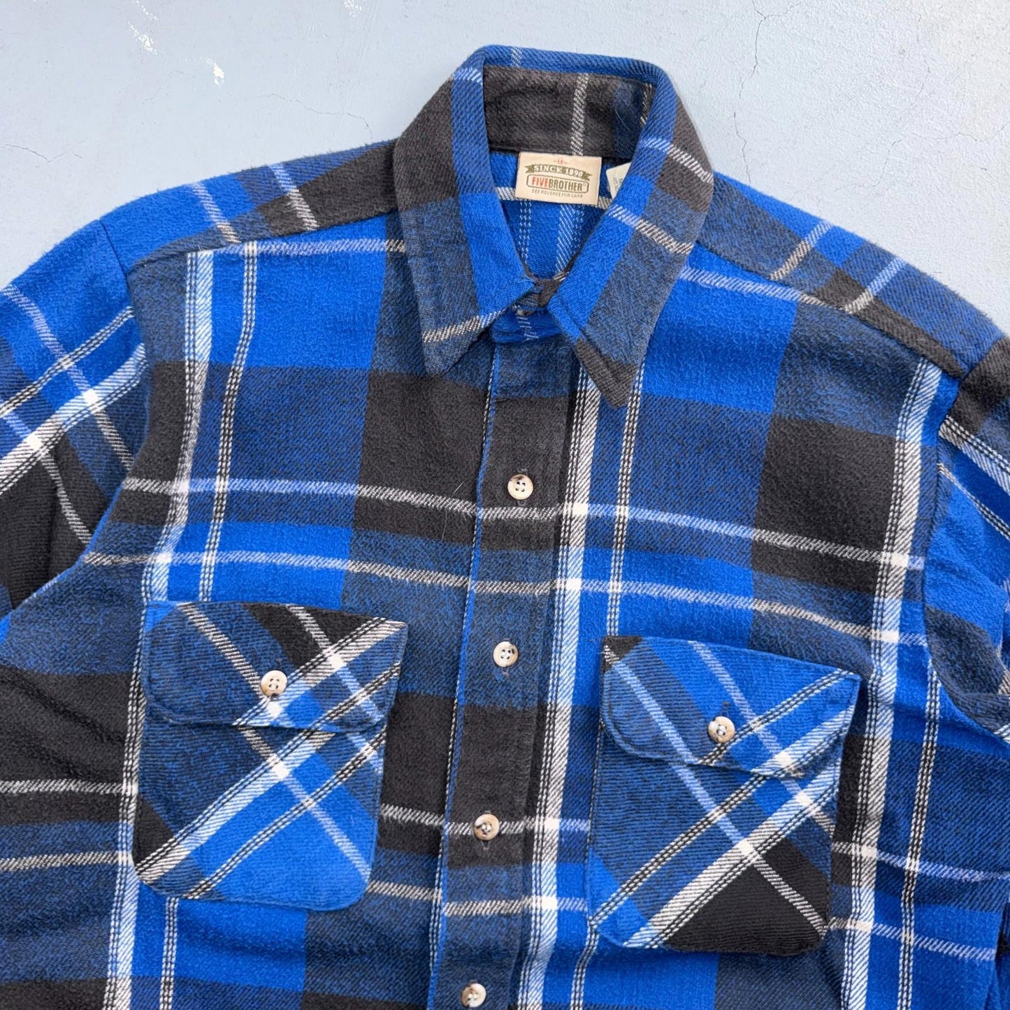 VTG Five Brother Shirt Mens M Shadow Plaid Flannel USA Red 1980s 80s Blue Black