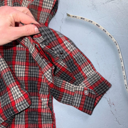 VTG XL 50s Penneys Shirt Red Plaid Wool Button Loop Collar Rockabilly 1950s Gray