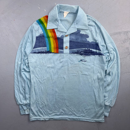 VTG 70s Wave Rainbow Landscape Long Sleeve Collared Polo Shirt Hawaii Aloha 80s