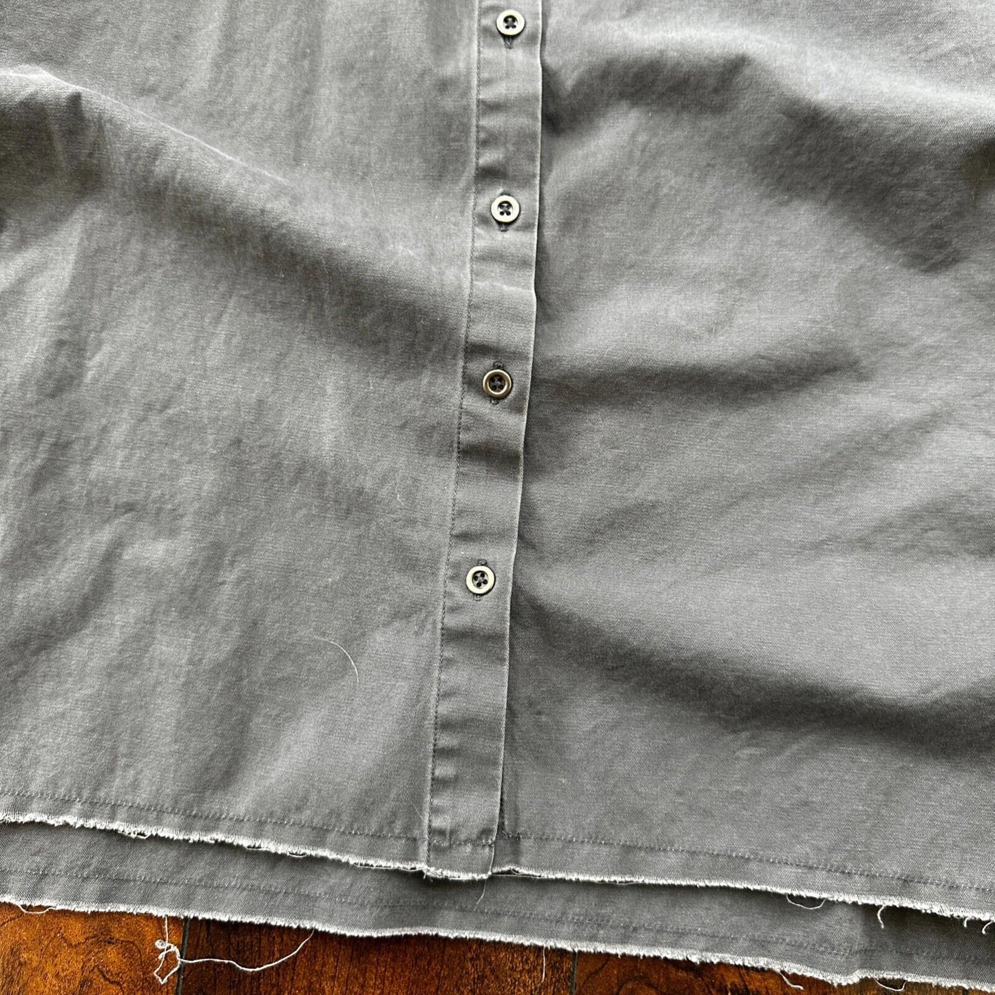 Good Luck Gem Dark Grey Boxy Cotton Button Up Shirt Raw Edge Hem Lightweight