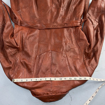 VTG Wilsons Women's Brown 100% Leather Jacket Trench Car Coat Belted 80s 90s