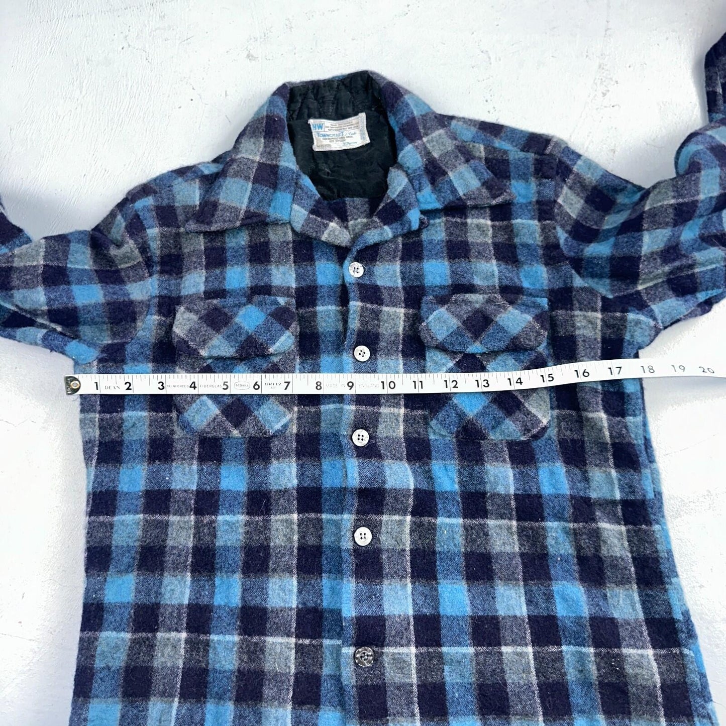 Vintage 60s 70s Towncraft Wool Flannel Blend Button Up Shirt Penneys M Blue