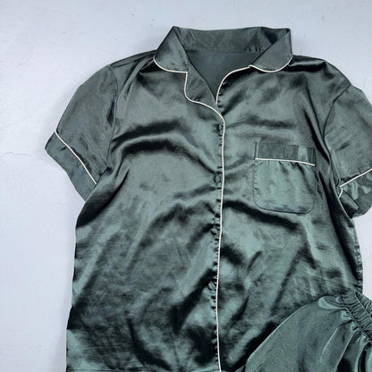 Women's Vintage 80s 2 Piece Poly Pajama Set Buttons Medium Cute Girly Green