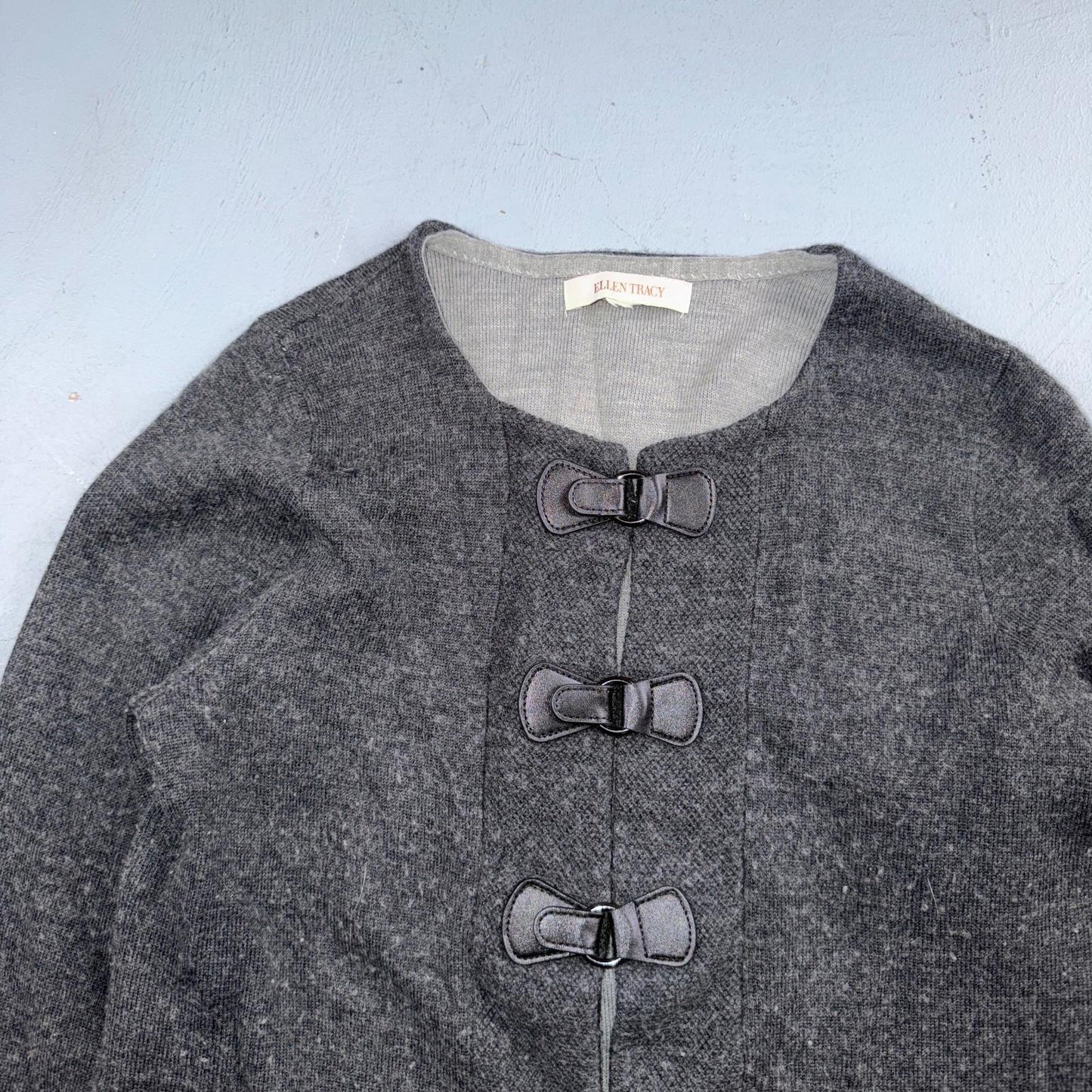 ELLEN TRACY Sweater M Wool Cardigan Duster Coat Buckle Latch Double Knit Gray