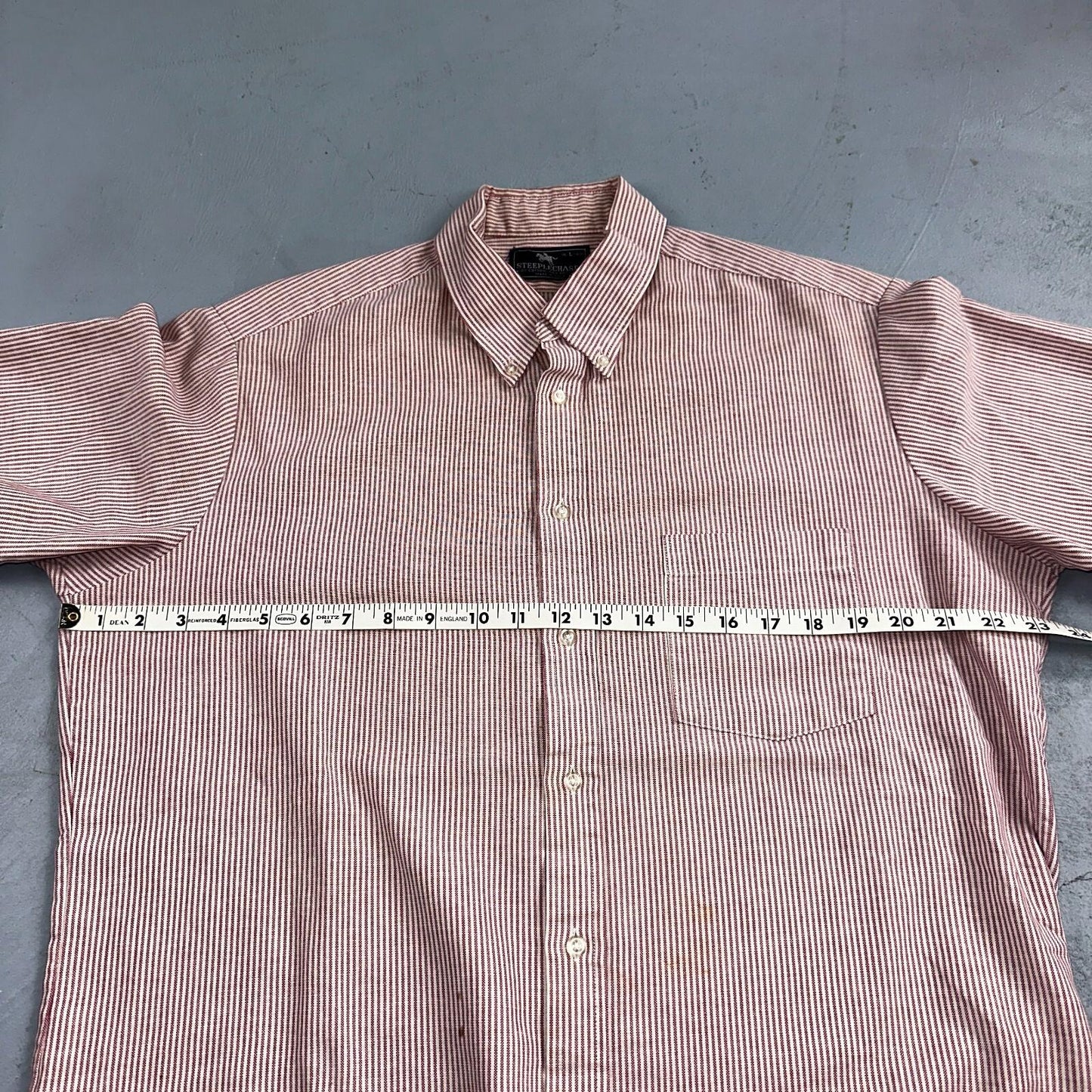 Steeple Chase Button Up Shirt Mens Large Short Sleeve Stripe Made In USA Red