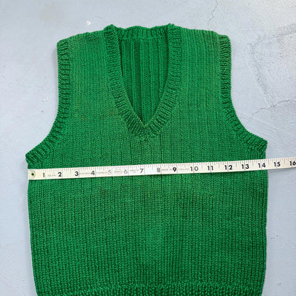 VTG Green Vest Knitted Sleeveless Sweater Pullover Handmade Knit 70s 1970s
