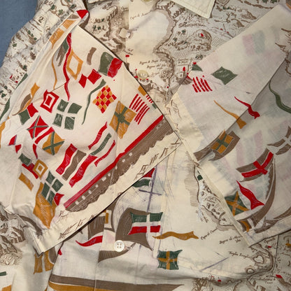 VTG 50s PENNEYS Hawaiian Flags Button Aloha Shirt Rockabilly THRASHED 1950s