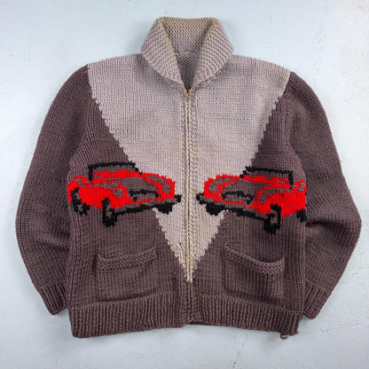 VTG 1950s Hand Knit Wool Cowichan Cardigan Sweater Jacket Race Cars Medium RARE