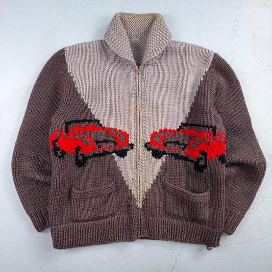 VTG 1950s Hand Knit Wool Cowichan Cardigan Sweater Jacket Race Cars Medium RARE