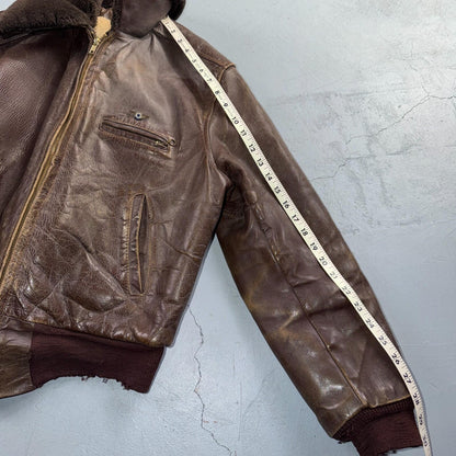 VTG WWII Horsehide Leather Zip Up Bomber Jacket Fur Collar 40s 50s A2 Civilian